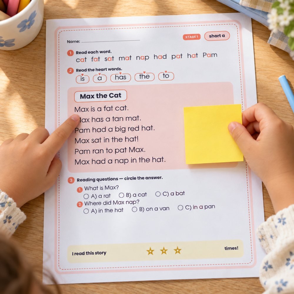 A child covering the picture with a sticky note and reading the story with her finger