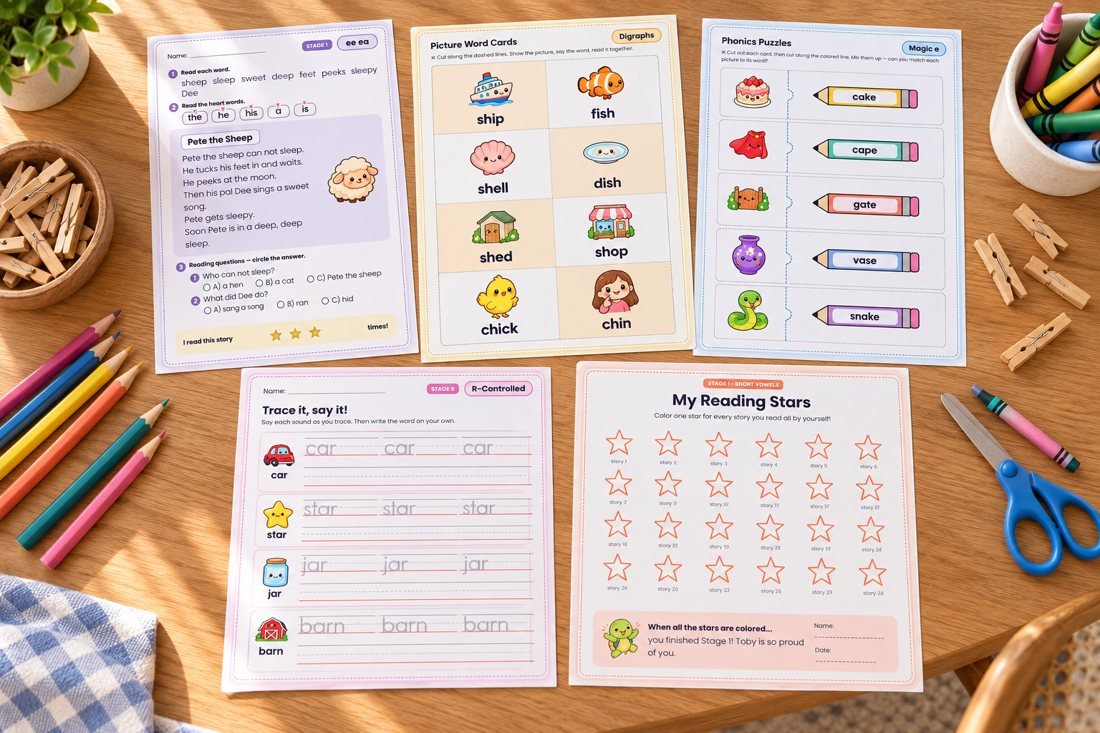 Printed StoryStep pages on a table