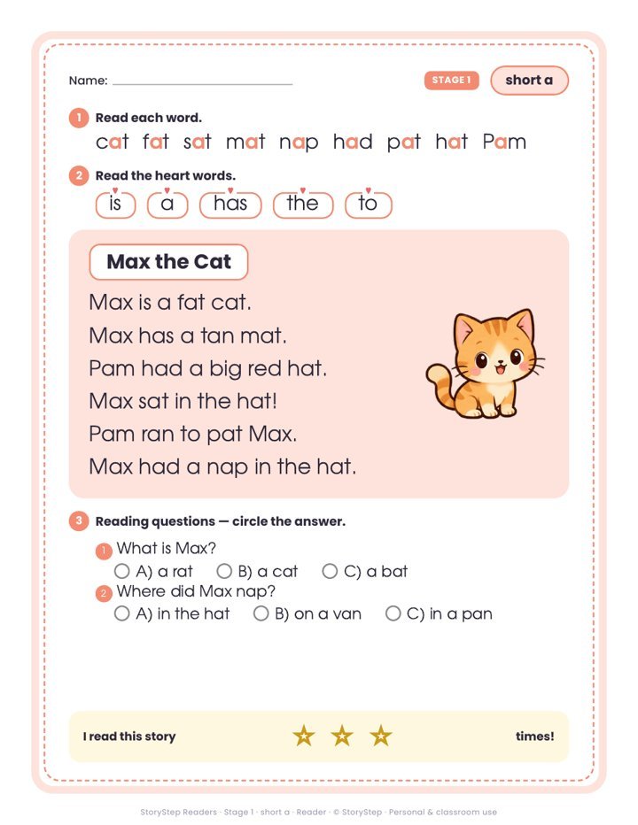 A StoryStep decodable reader page: word list, heart words, story and questions